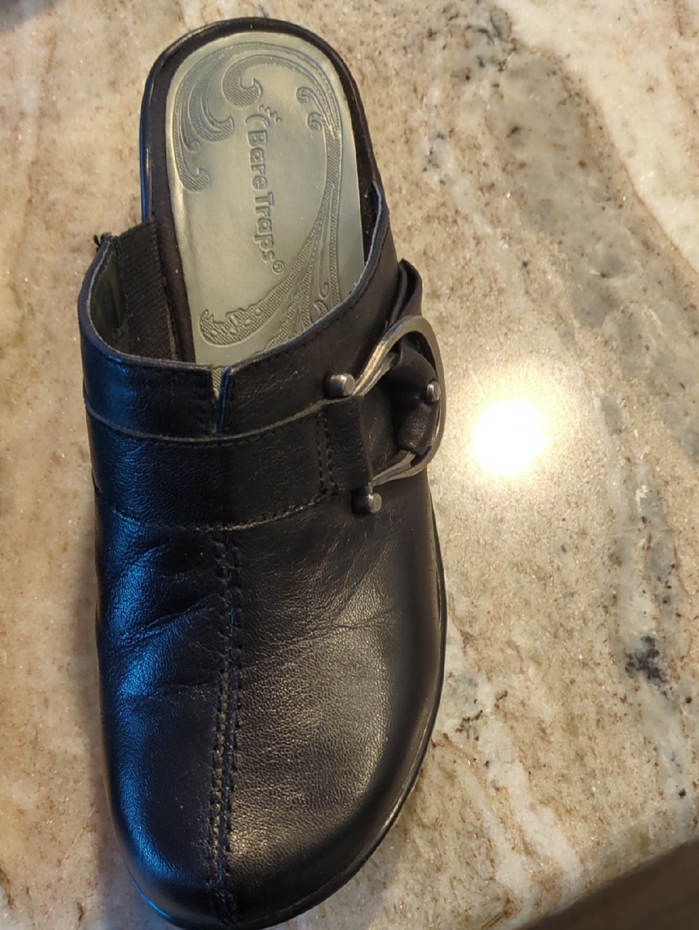 BareTraps Black Leather Slip-On Clog with Decorative Buckle 7m